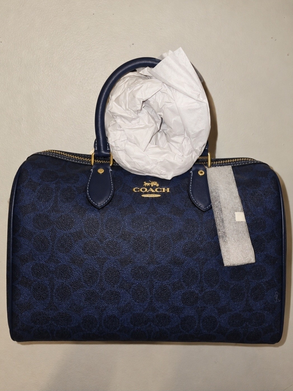 Coach LARGE Rowan Navy Signature Satchel with Gold Hardware